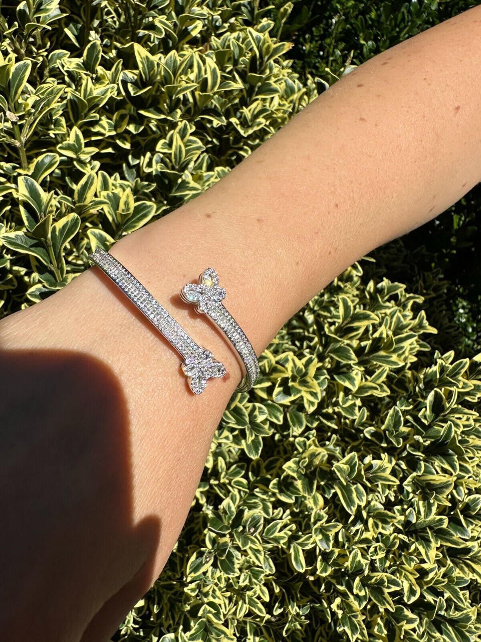 HarlemBling Real Solid 925 Silver Iced Baguette Butterfly Bangle Ladies Bracelet 5-7"  CZ