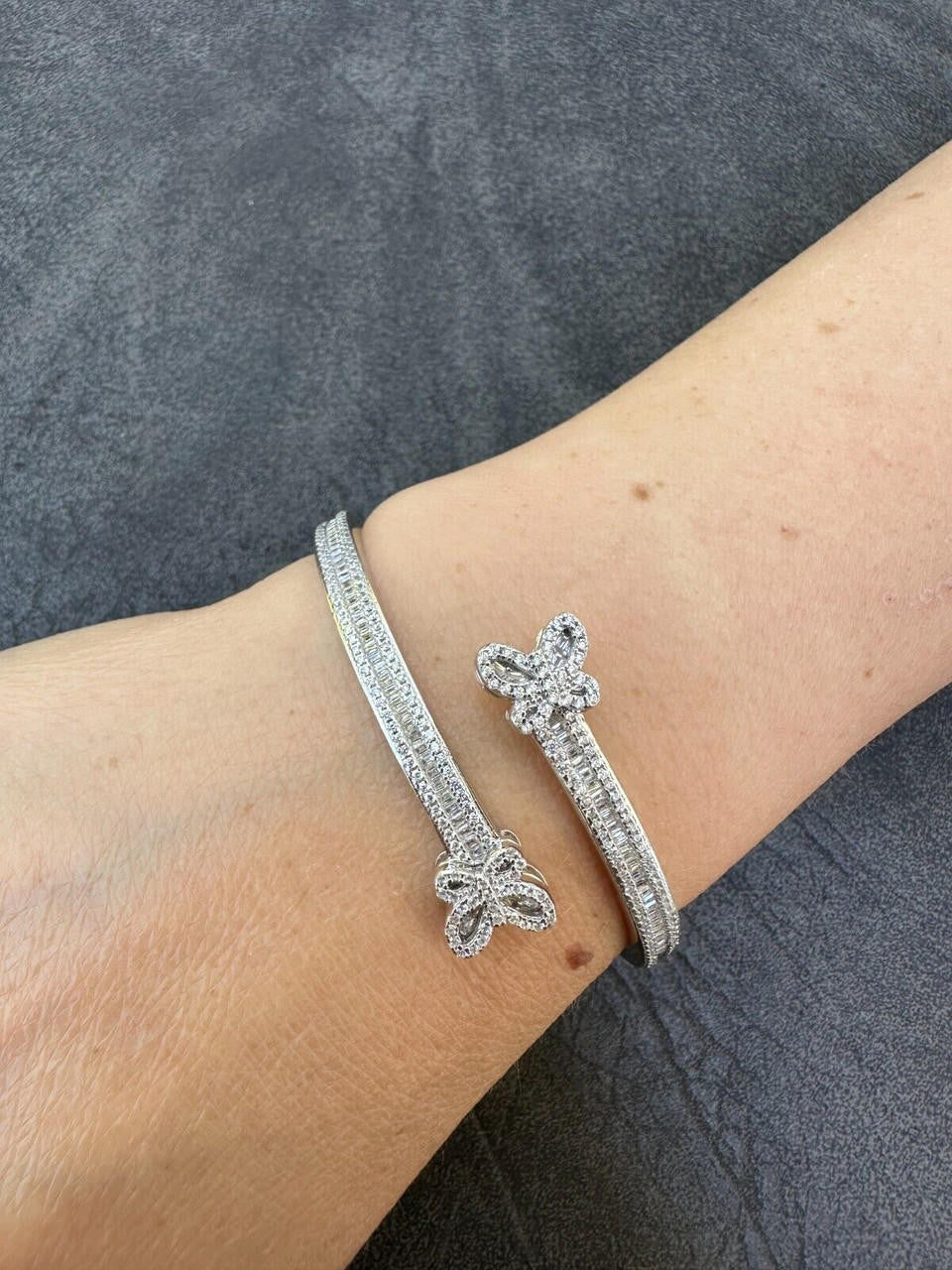 HarlemBling Real Solid 925 Silver Iced Baguette Butterfly Bangle Ladies Bracelet 5-7"  CZ