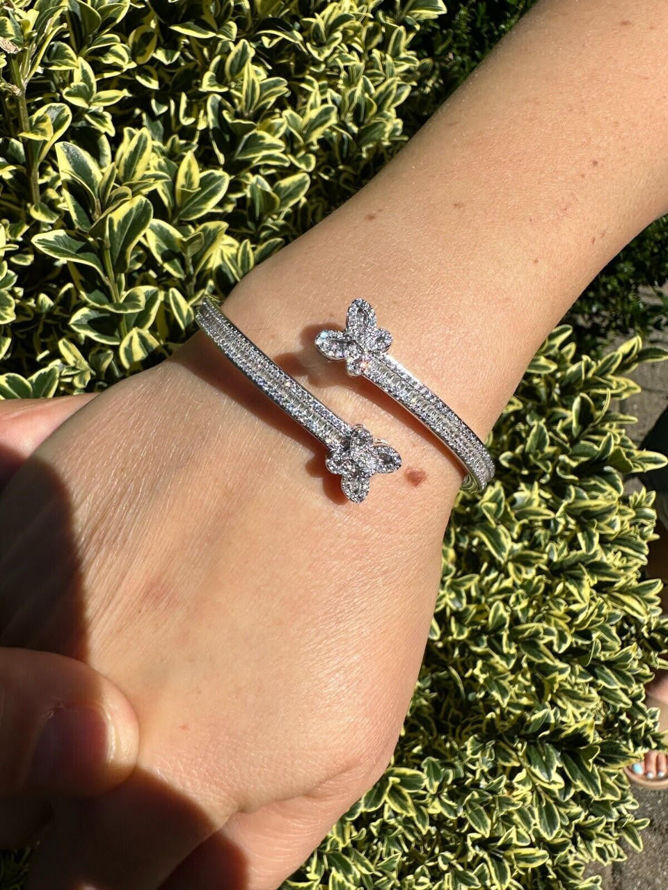 HarlemBling Real Solid 925 Silver Iced Baguette Butterfly Bangle Ladies Bracelet 5-7"  CZ