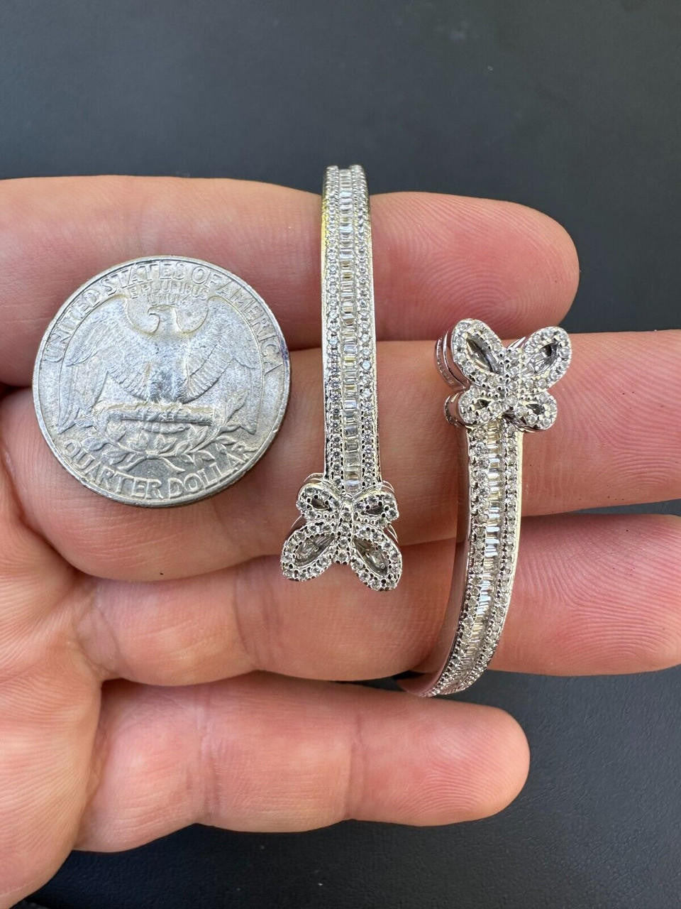 HarlemBling Real Solid 925 Silver Iced Baguette Butterfly Bangle Ladies Bracelet 5-7"  CZ