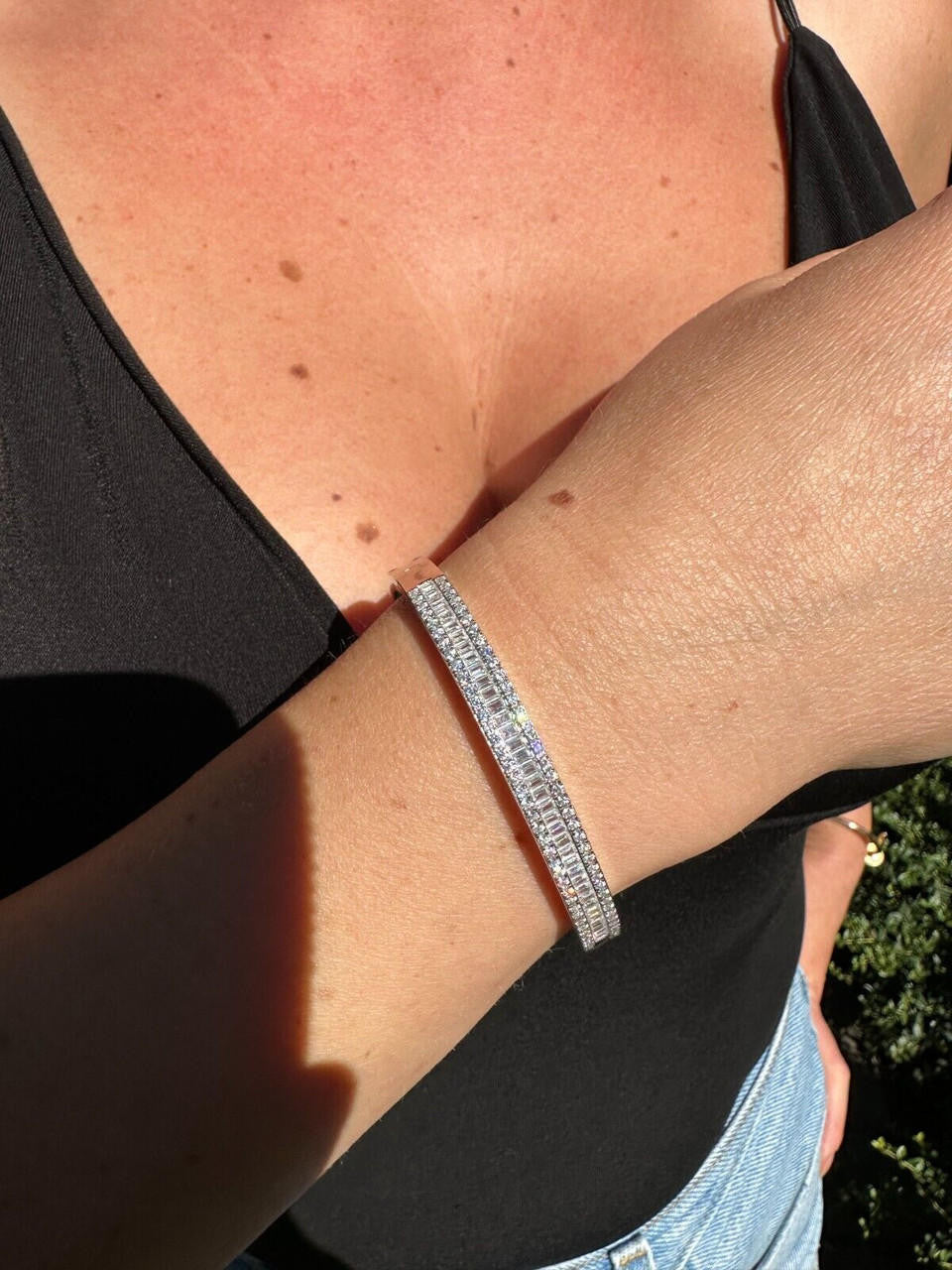 HarlemBling Real Solid 925 Silver Iced Baguette Cuff Bangle Ladies Bracelet Small 5-7"  CZ