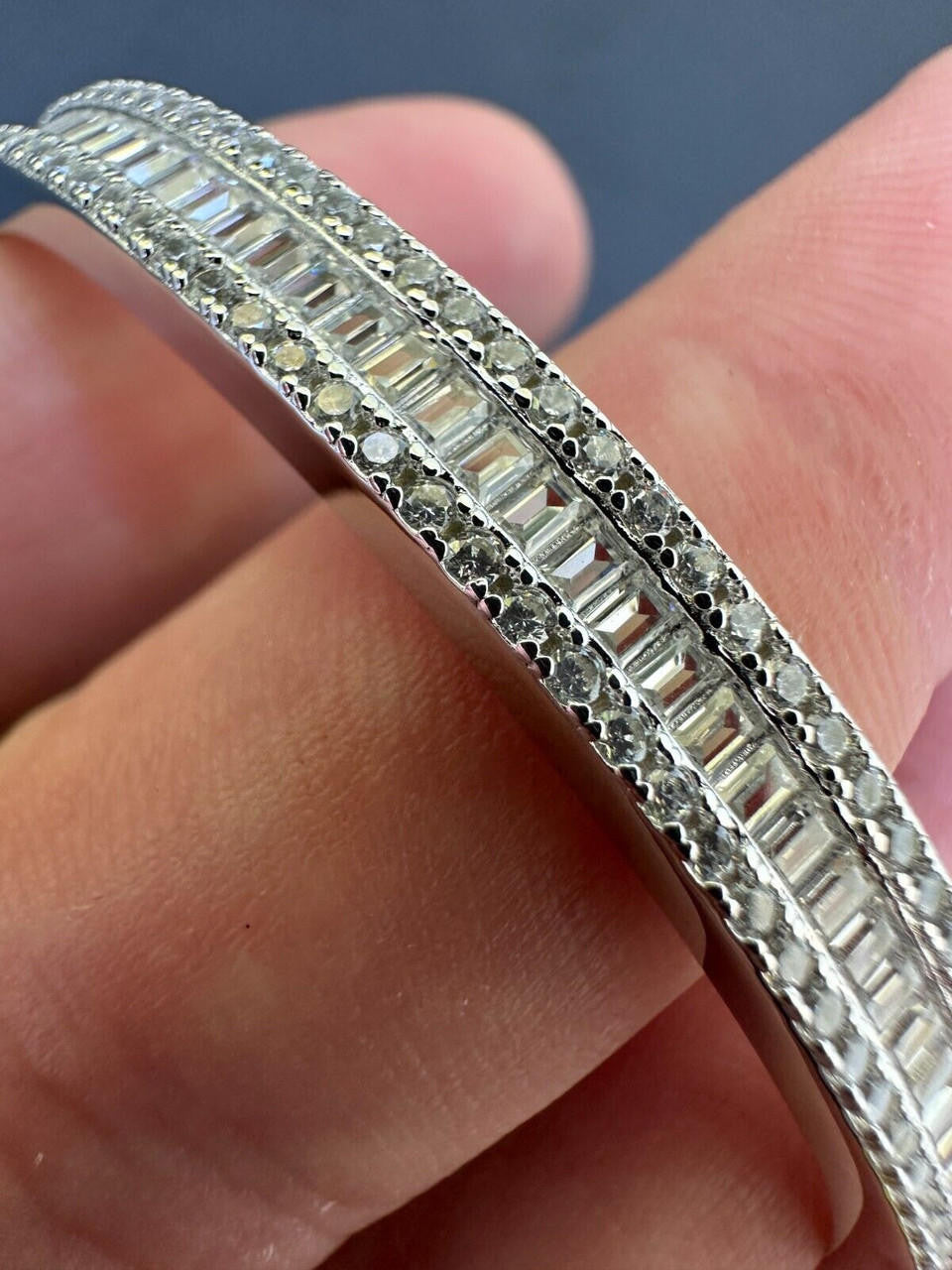 HarlemBling Real Solid 925 Silver Iced Baguette Cuff Bangle Ladies Bracelet Small 5-7"  CZ