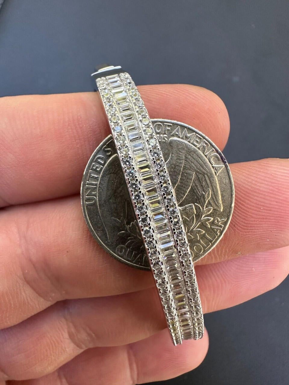 HarlemBling Real Solid 925 Silver Iced Baguette Cuff Bangle Ladies Bracelet Small 5-7"  CZ