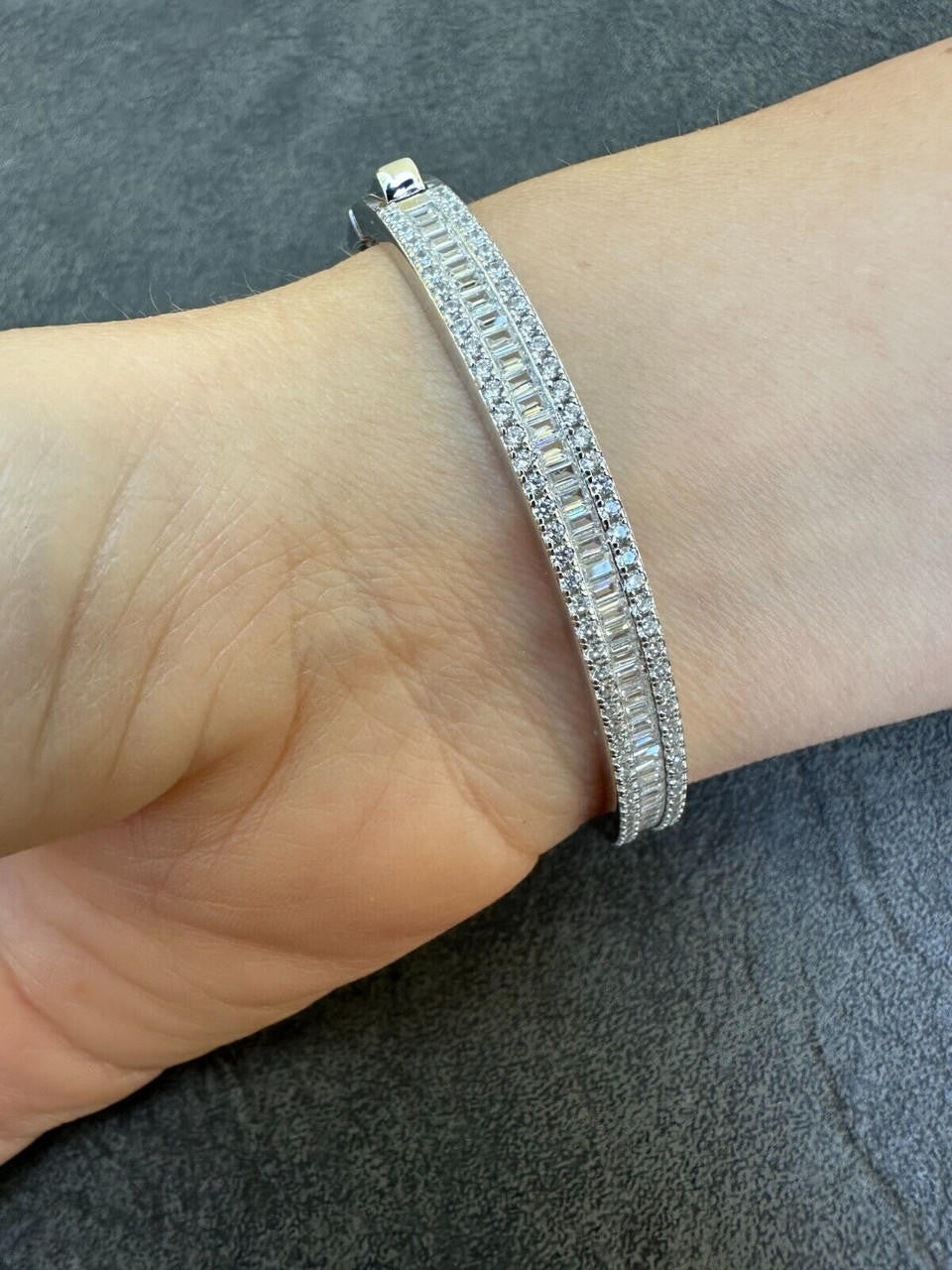 HarlemBling Real Solid 925 Silver Iced Baguette Cuff Bangle Ladies Bracelet Small 5-7"  CZ