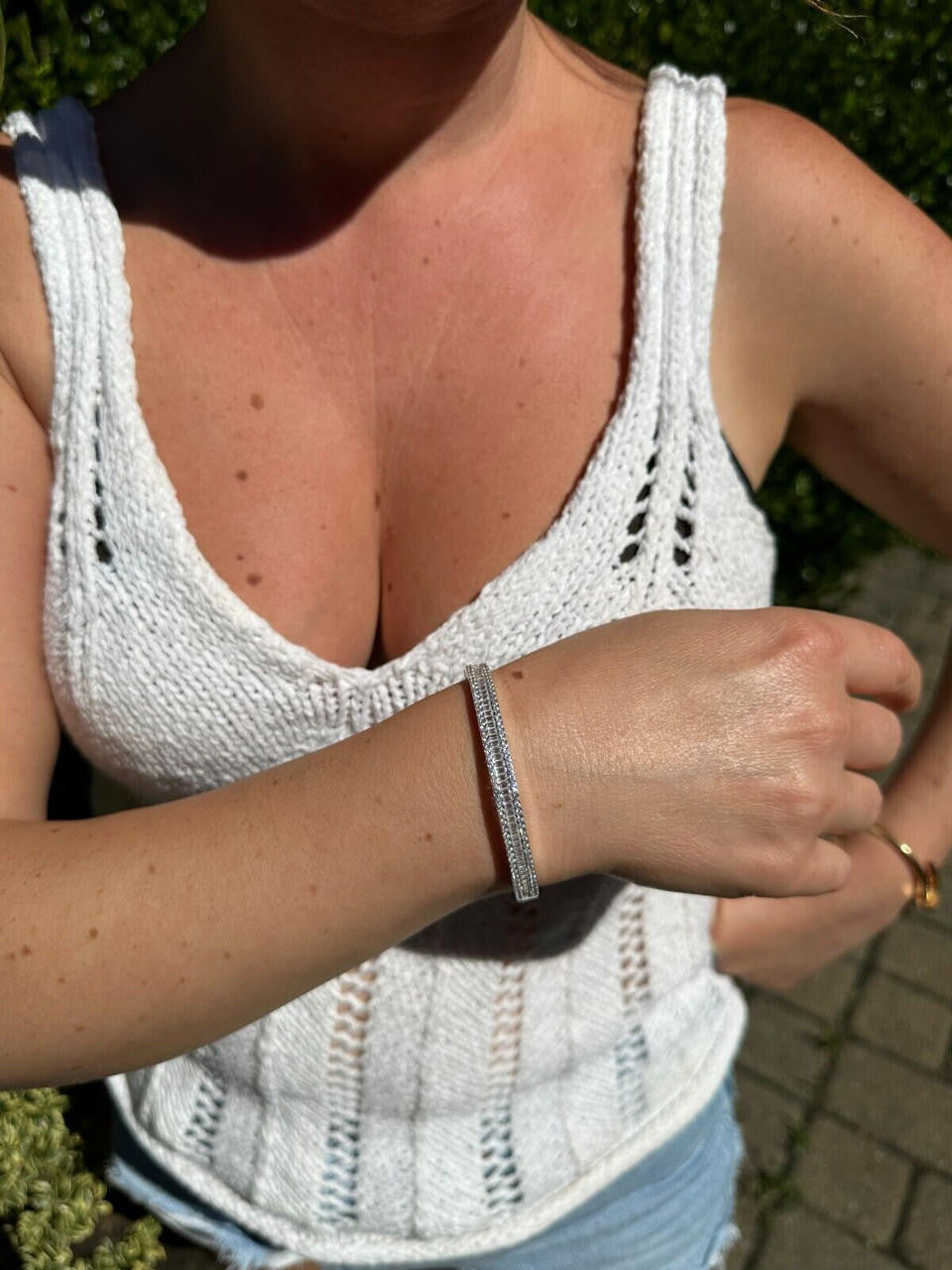 HarlemBling Real Solid 925 Silver Iced Baguette Cuff Bangle Ladies Bracelet Small 5-7"  CZ