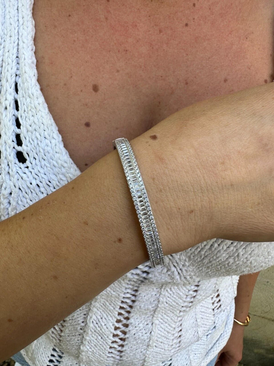 HarlemBling Real Solid 925 Silver Iced Baguette Cuff Bangle Ladies Bracelet Small 5-7"  CZ