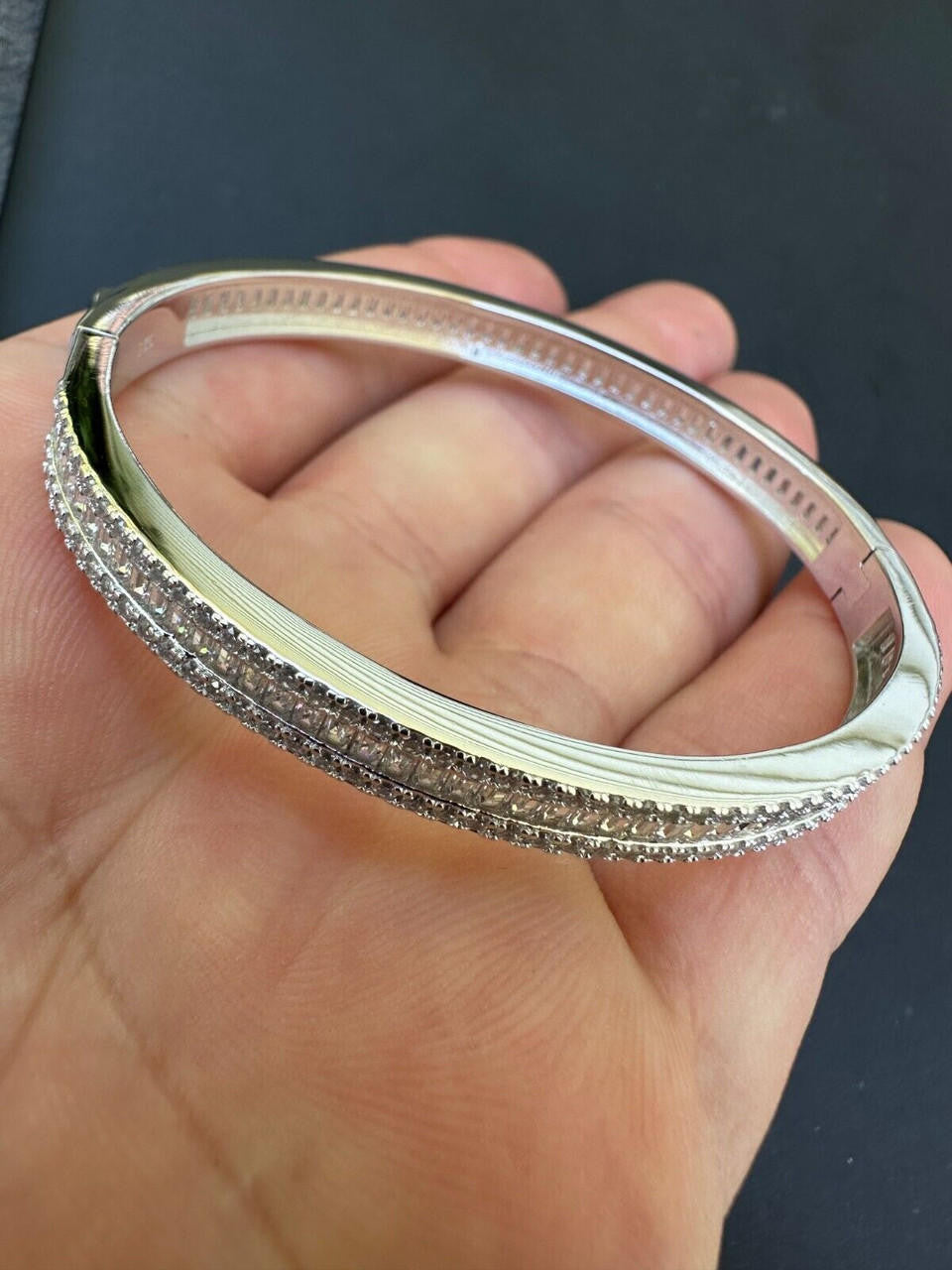 HarlemBling Real Solid 925 Silver Iced Baguette Cuff Bangle Ladies Bracelet Small 5-7"  CZ