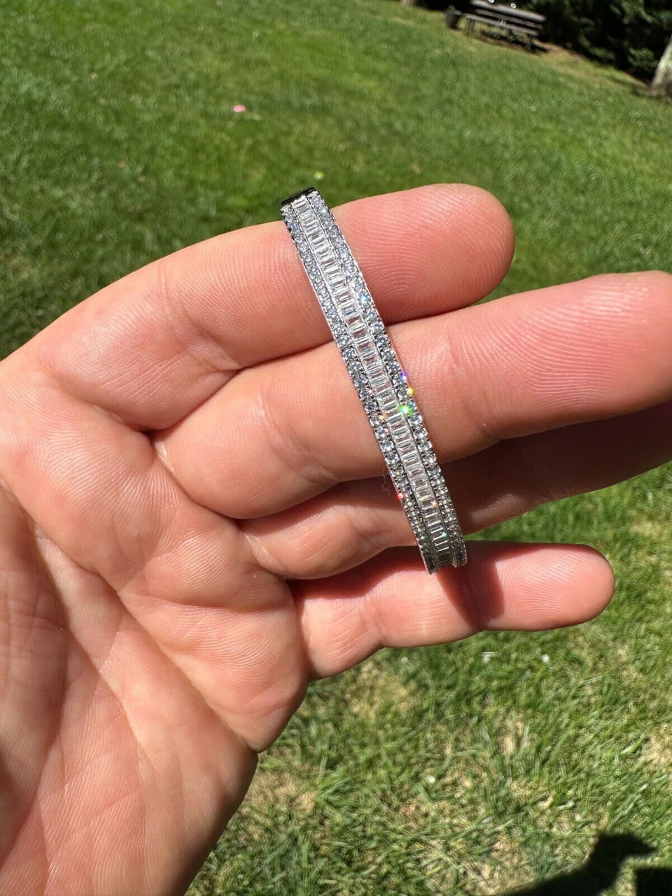 HarlemBling Real Solid 925 Silver Iced Baguette Cuff Bangle Ladies Bracelet Small 5-7"  CZ