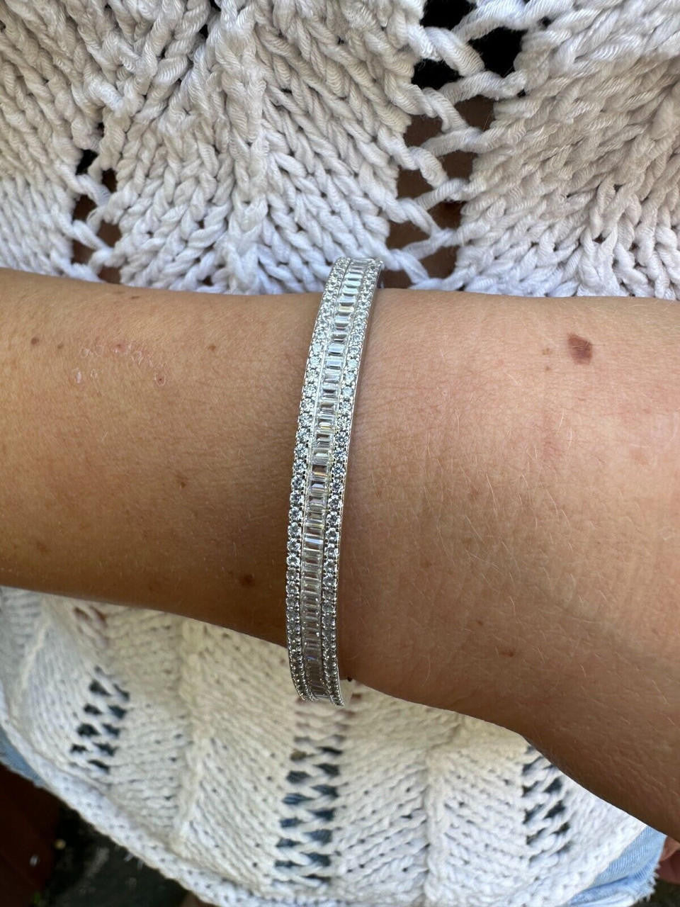 HarlemBling Real Solid 925 Silver Iced Baguette Cuff Bangle Ladies Bracelet Small 5-7"  CZ