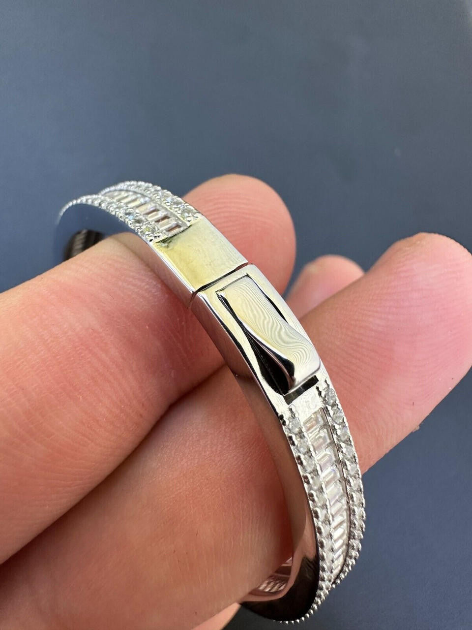 HarlemBling Real Solid 925 Silver Iced Baguette Cuff Bangle Ladies Bracelet Small 5-7"  CZ