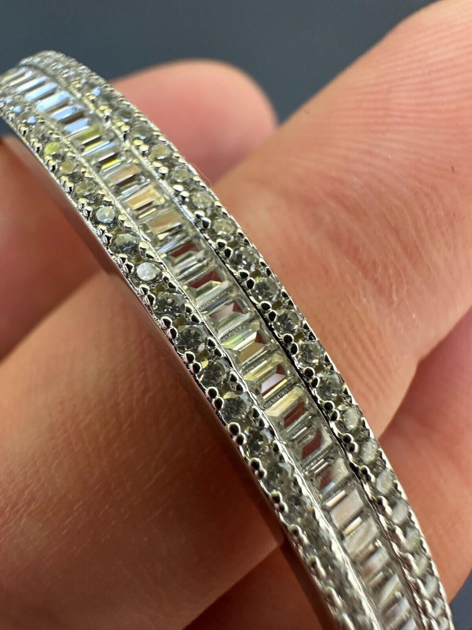 HarlemBling Real Solid 925 Silver Iced Baguette Cuff Bangle Ladies Bracelet Small 5-7"  CZ