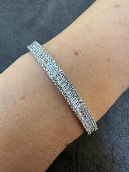 HarlemBling Real Solid 925 Silver Iced Baguette Cuff Bangle Ladies Bracelet Small 5-7"  CZ