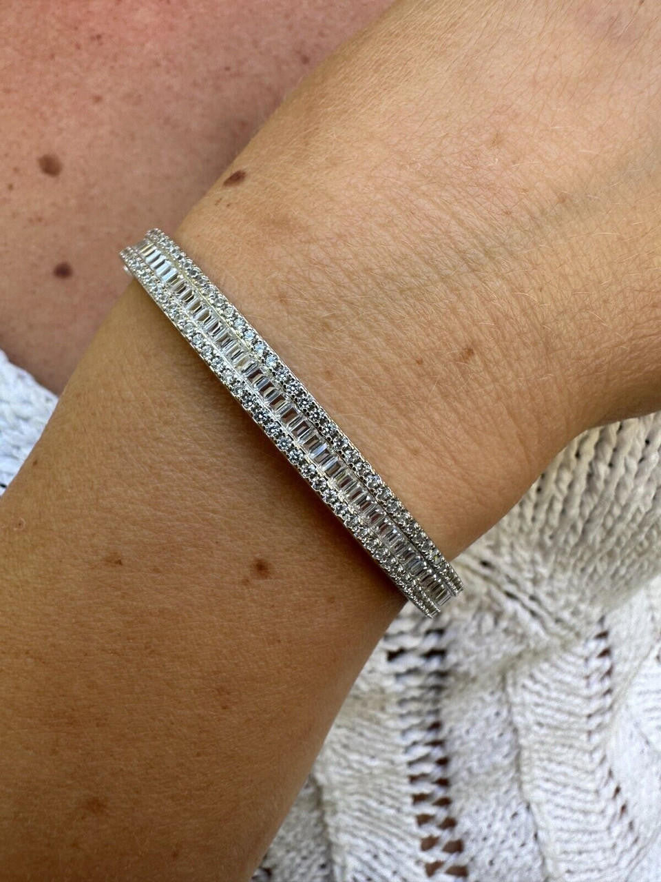 HarlemBling Real Solid 925 Silver Iced Baguette Cuff Bangle Ladies Bracelet Small 5-7"  CZ