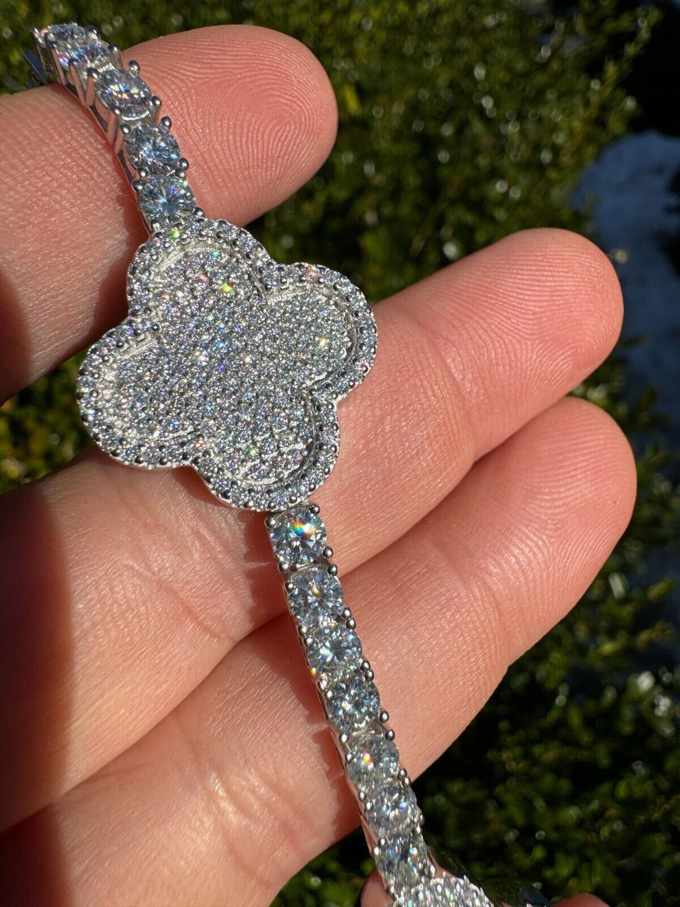 HarlemBling Real Solid 925 Silver Iced CZ Clover Shape Tennis Bracelet Mens Ladies Hip Hop