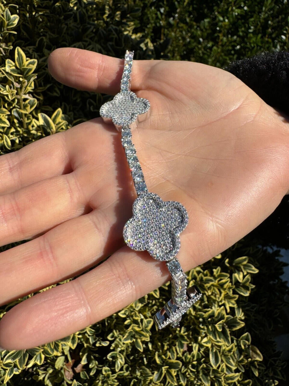 HarlemBling Real Solid 925 Silver Iced CZ Clover Shape Tennis Bracelet Mens Ladies Hip Hop