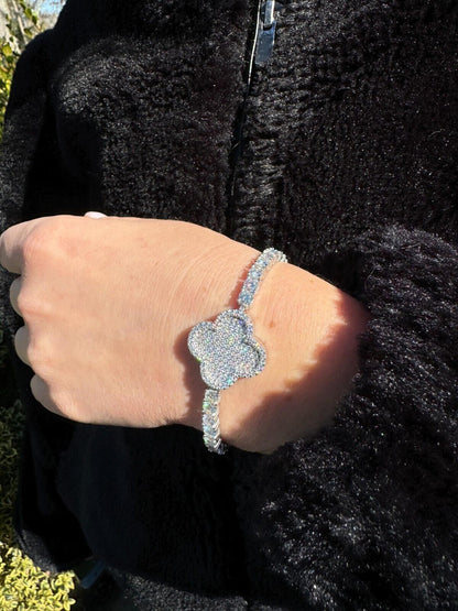 HarlemBling Real Solid 925 Silver Iced CZ Clover Shape Tennis Bracelet Mens Ladies Hip Hop