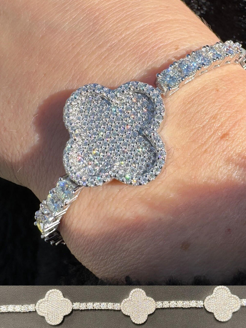 HarlemBling Real Solid 925 Silver Iced CZ Clover Shape Tennis Bracelet Mens Ladies Hip Hop