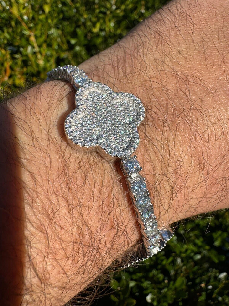 HarlemBling Real Solid 925 Silver Iced CZ Clover Shape Tennis Bracelet Mens Ladies Hip Hop