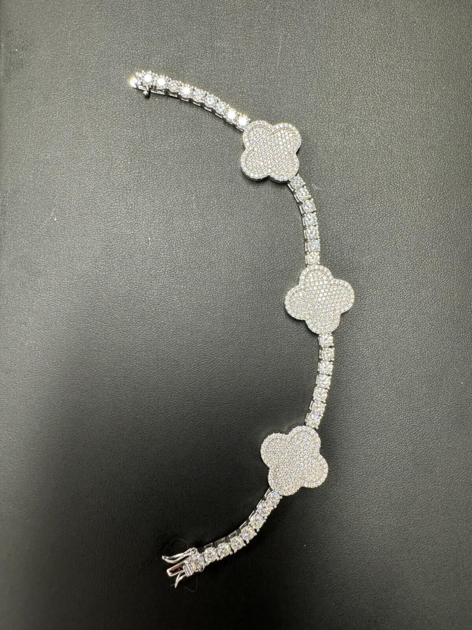 HarlemBling Real Solid 925 Silver Iced CZ Clover Shape Tennis Bracelet Mens Ladies Hip Hop