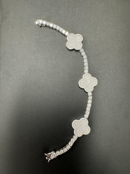 HarlemBling Real Solid 925 Silver Iced CZ Clover Shape Tennis Bracelet Mens Ladies Hip Hop