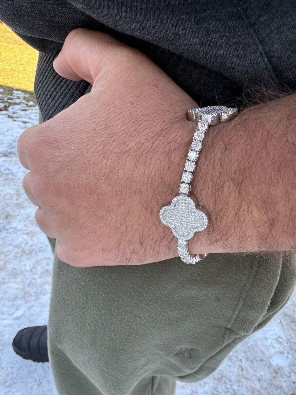 HarlemBling Real Solid 925 Silver Iced CZ Clover Shape Tennis Bracelet Mens Ladies Hip Hop