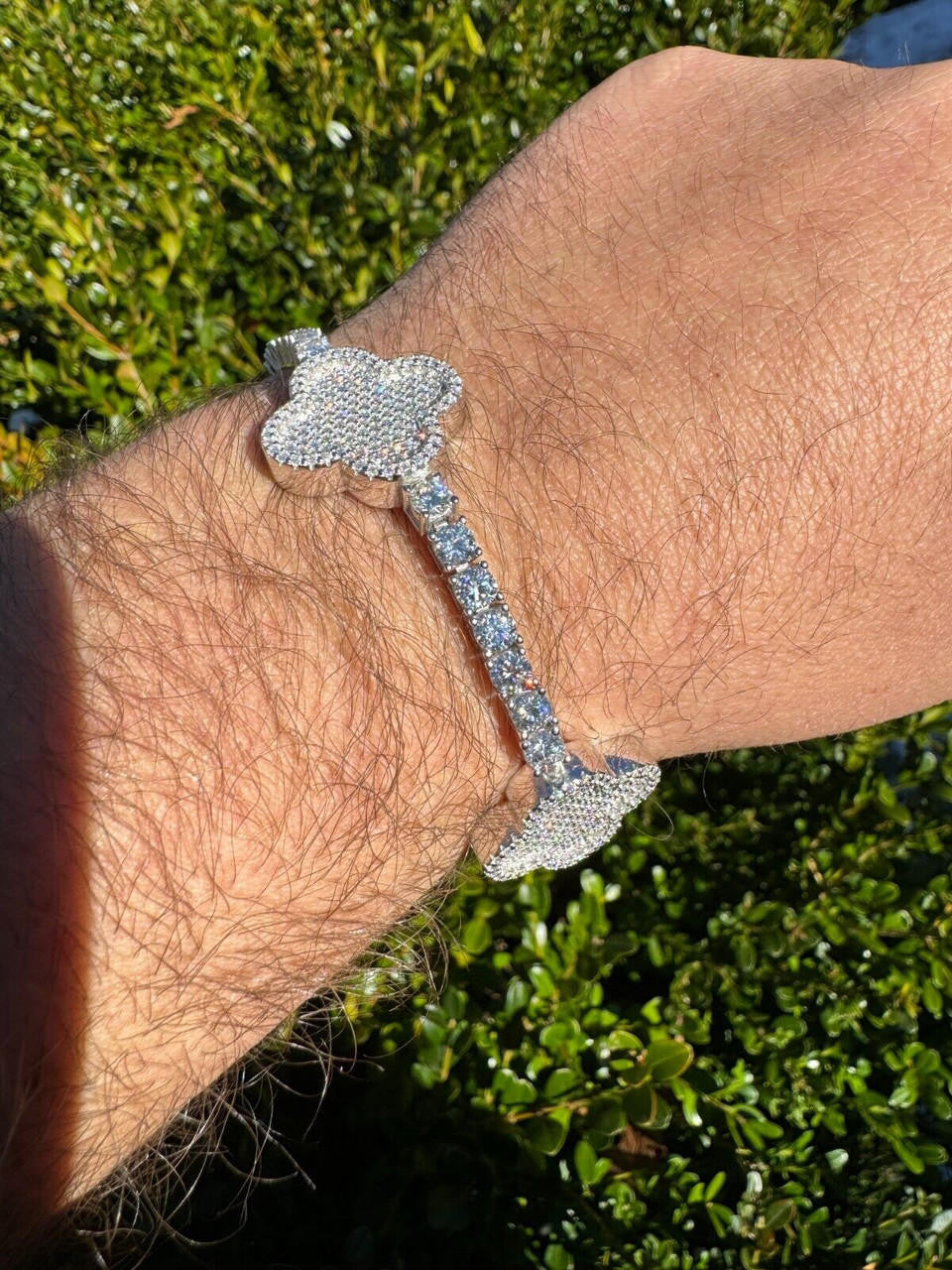 HarlemBling Real Solid 925 Silver Iced CZ Clover Shape Tennis Bracelet Mens Ladies Hip Hop