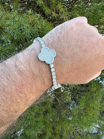 HarlemBling Real Solid 925 Silver Iced CZ Clover Shape Tennis Bracelet Mens Ladies Hip Hop