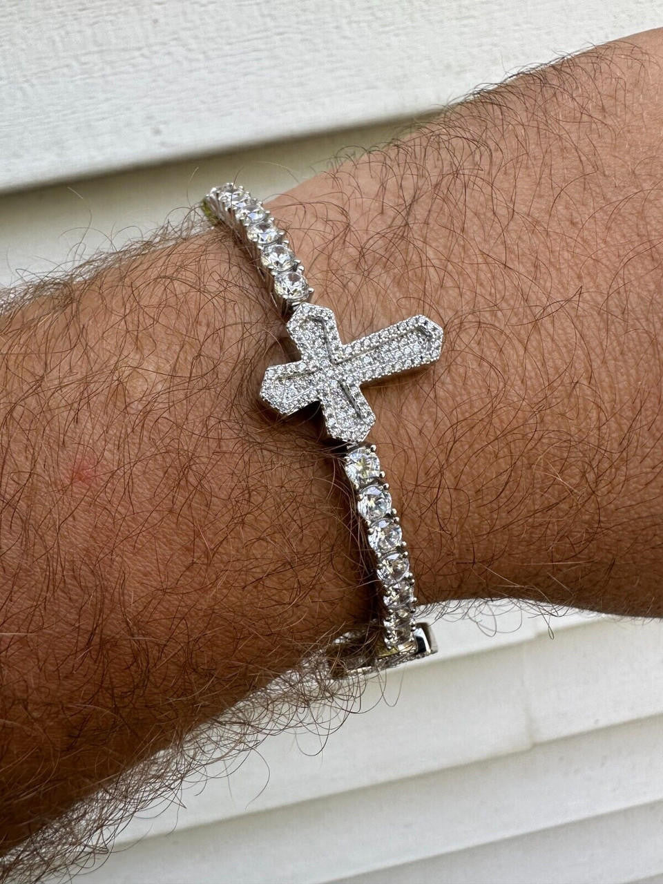 HarlemBling Real Solid 925 Silver Iced CZ Cross Shape Tennis Bracelet Mens Ladies Hip Hop