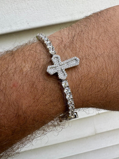 HarlemBling Real Solid 925 Silver Iced CZ Cross Shape Tennis Bracelet Mens Ladies Hip Hop