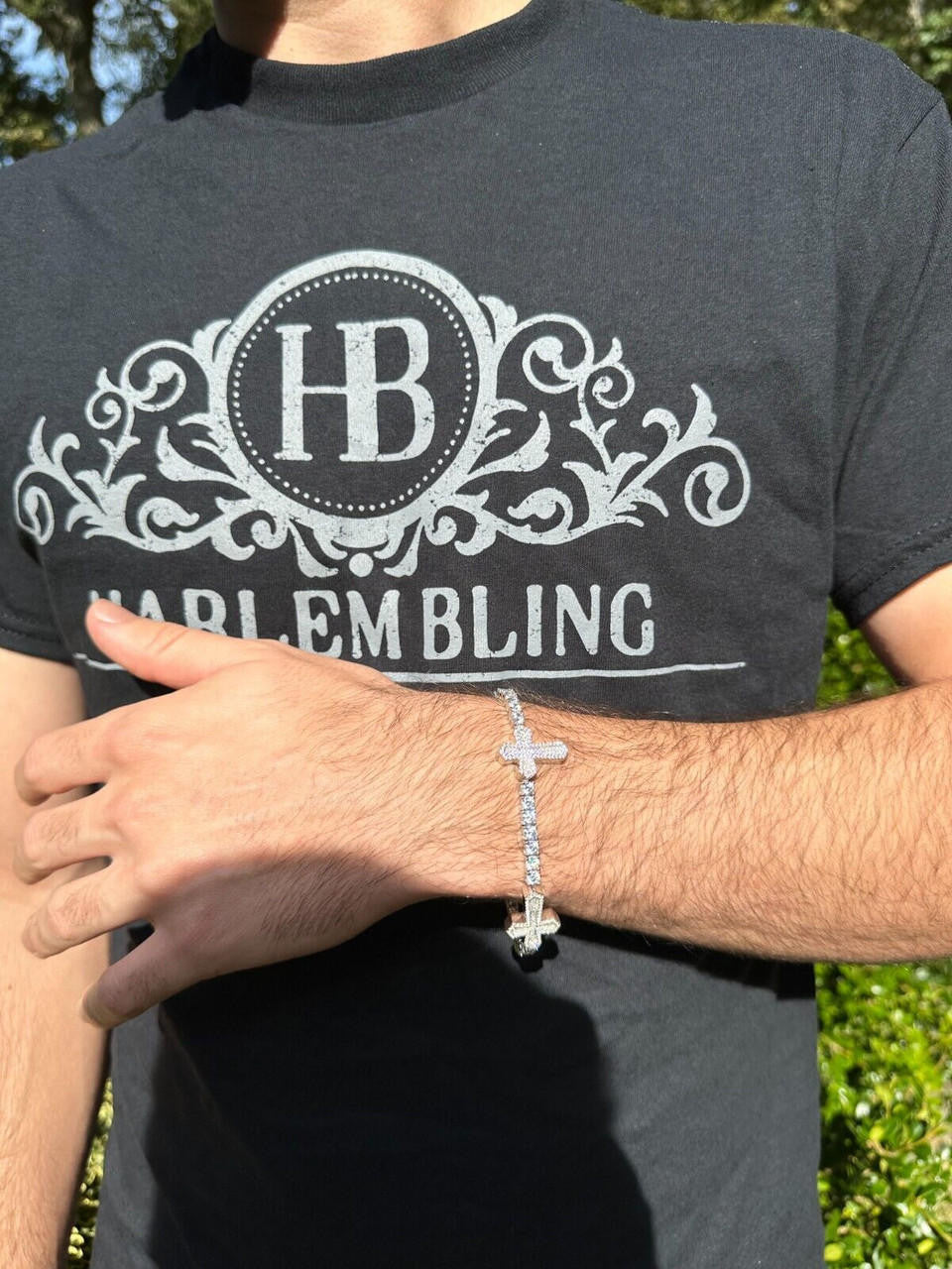 Real Solid 925 Silver Iced CZ Cross Shape Tennis Bracelet Mens