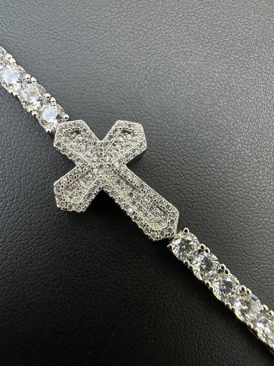 HarlemBling Real Solid 925 Silver Iced CZ Cross Shape Tennis Bracelet Mens Ladies Hip Hop