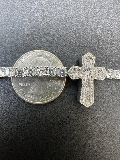 HarlemBling Real Solid 925 Silver Iced CZ Cross Shape Tennis Bracelet Mens Ladies Hip Hop