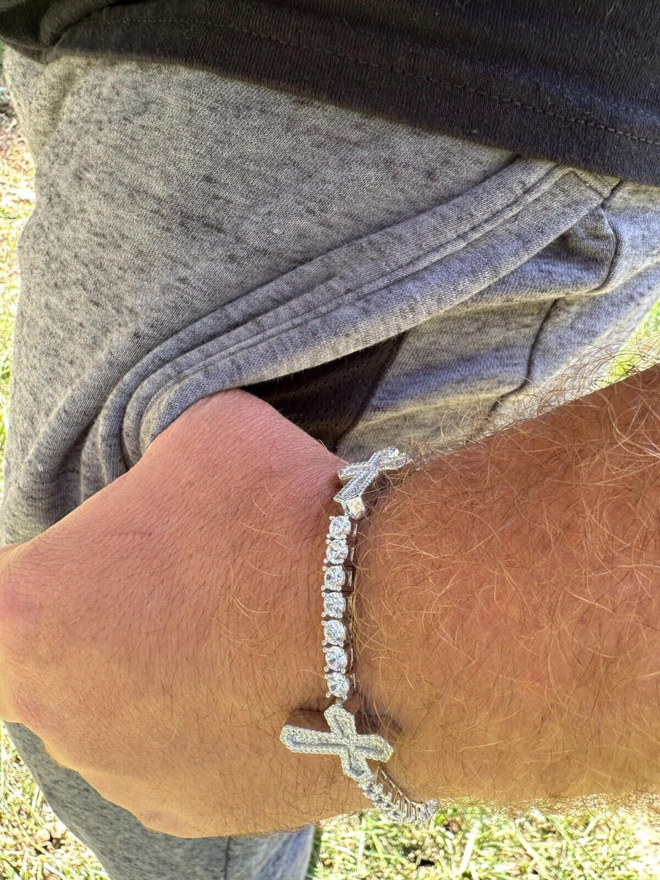 Real Solid 925 Silver Iced CZ Cross Shape Tennis Bracelet Mens