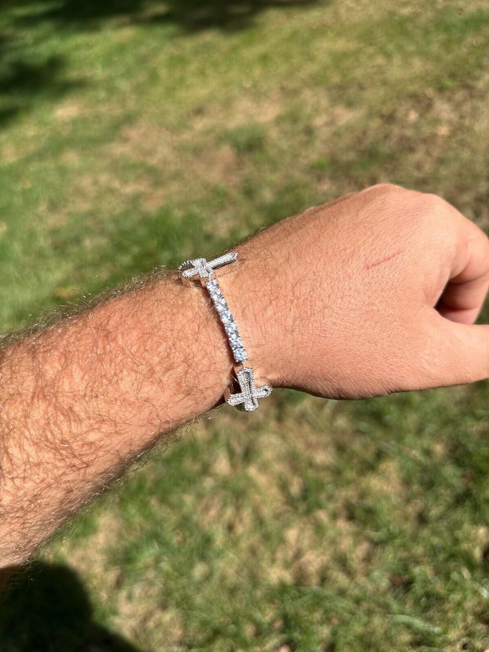 HarlemBling Real Solid 925 Silver Iced CZ Cross Shape Tennis Bracelet Mens Ladies Hip Hop