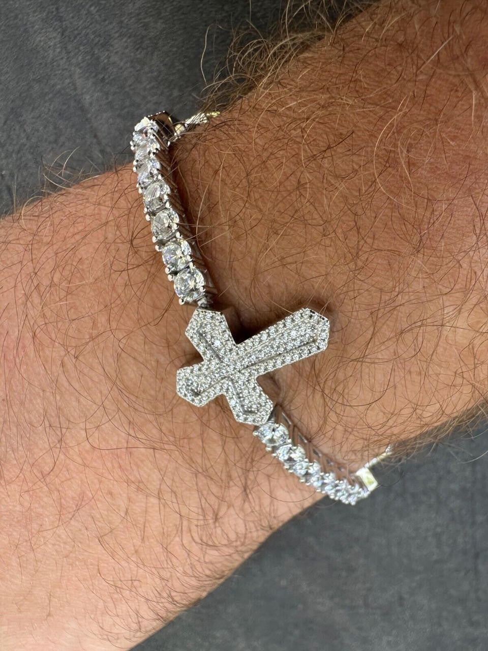 Real Solid 925 Silver Iced CZ Cross Shape Tennis Bracelet Mens