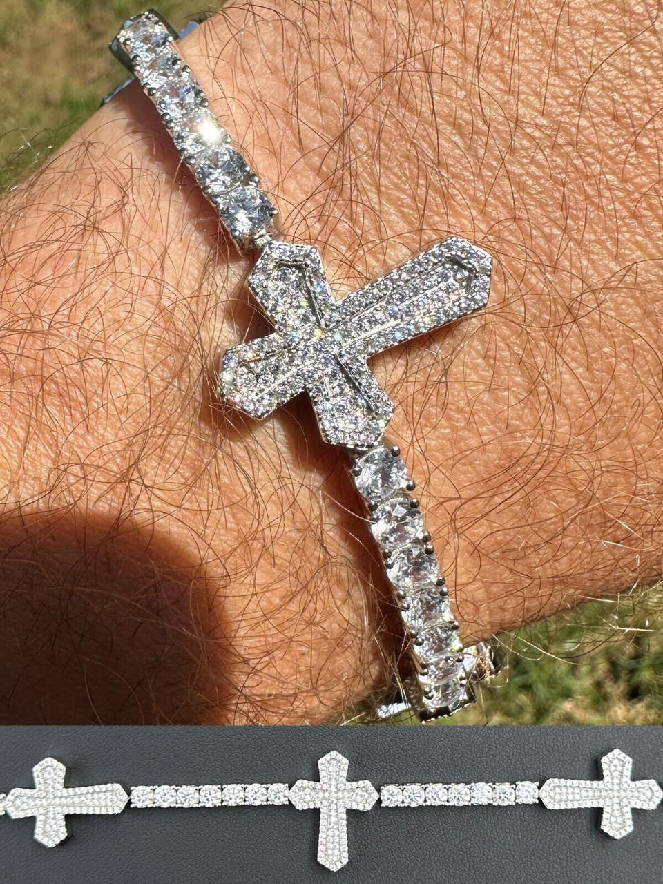 HarlemBling Real Solid 925 Silver Iced CZ Cross Shape Tennis Bracelet Mens Ladies Hip Hop