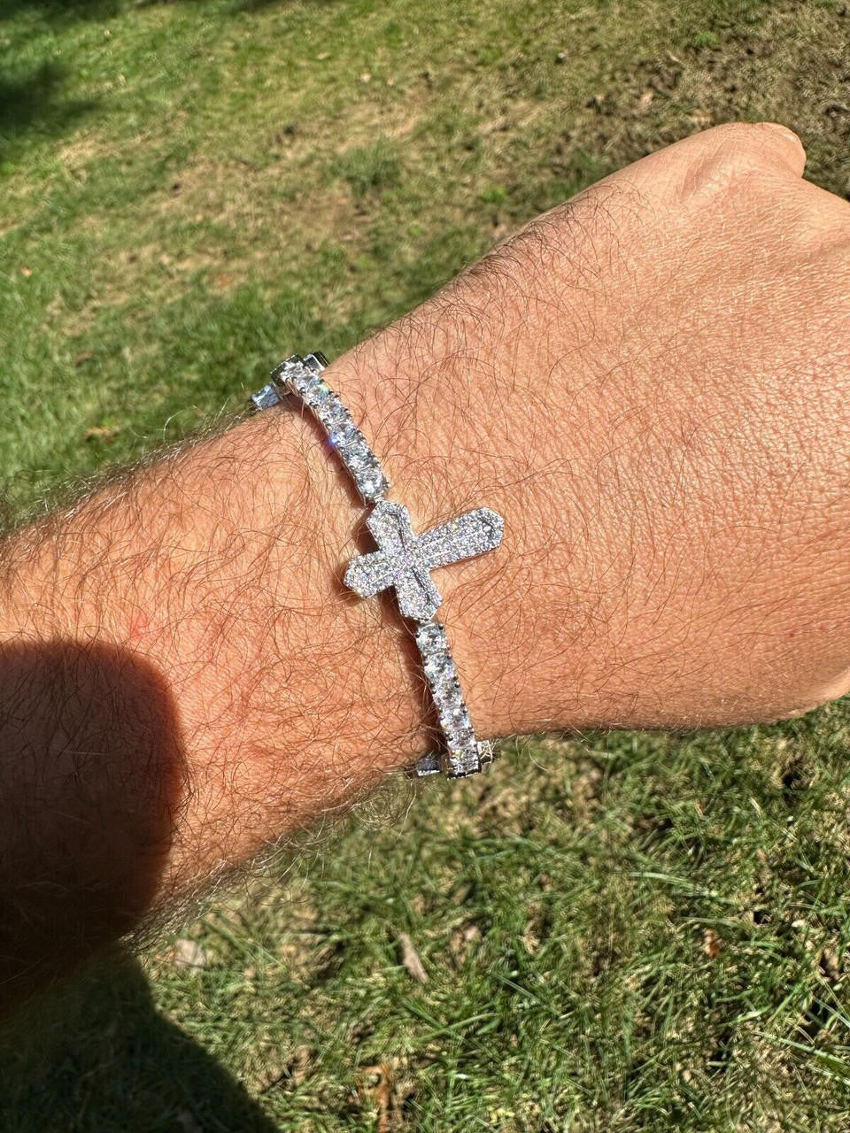 HarlemBling Real Solid 925 Silver Iced CZ Cross Shape Tennis Bracelet Mens Ladies Hip Hop