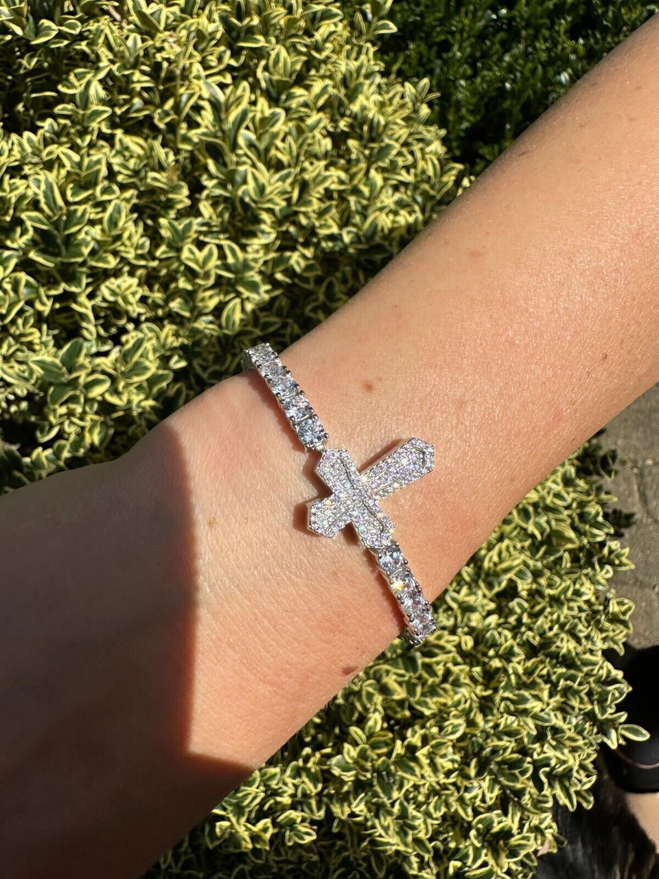 HarlemBling Real Solid 925 Silver Iced CZ Cross Shape Tennis Bracelet Mens Ladies Hip Hop