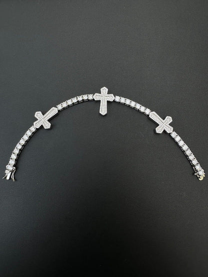 HarlemBling Real Solid 925 Silver Iced CZ Cross Shape Tennis Bracelet Mens Ladies Hip Hop