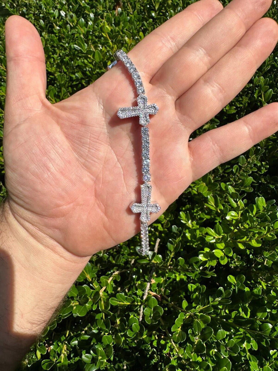 HarlemBling Real Solid 925 Silver Iced CZ Cross Shape Tennis Bracelet Mens Ladies Hip Hop