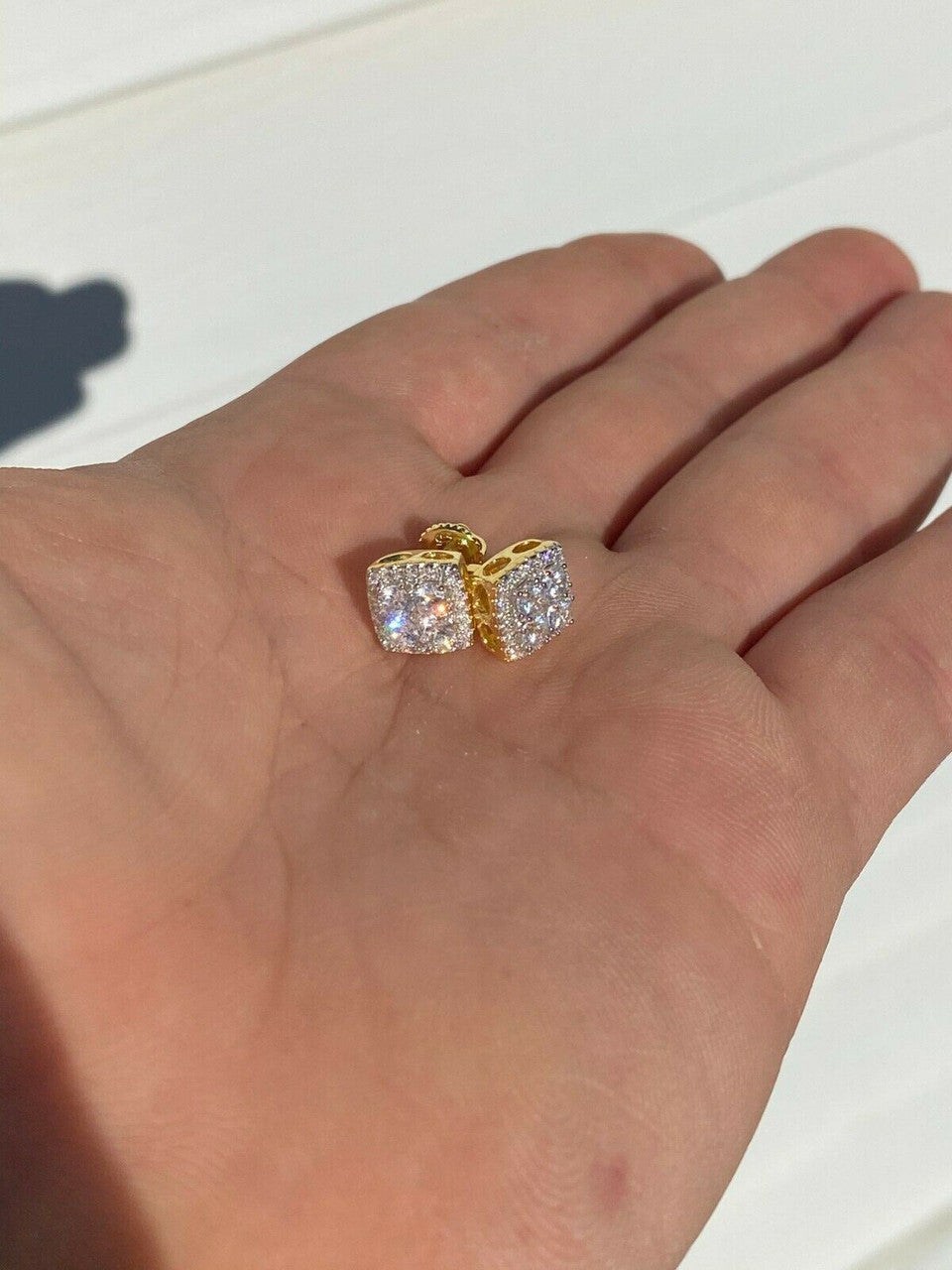 HarlemBling Real Solid 925 Silver Iced CZ Hip Hop Earrings Studs 14k Gold Finish Square ICY