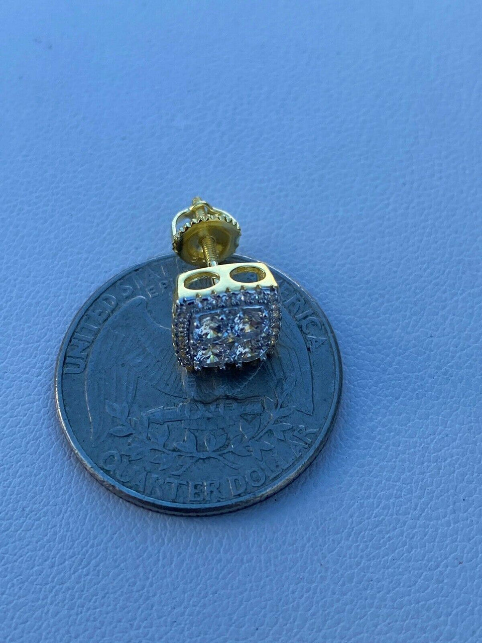 HarlemBling Real Solid 925 Silver Iced CZ Hip Hop Earrings Studs 14k Gold Finish Square ICY