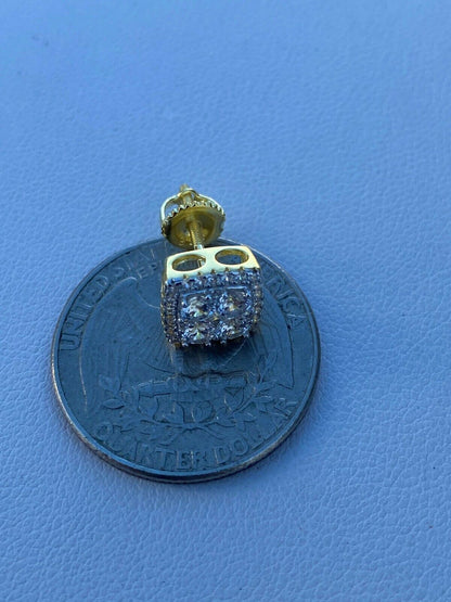HarlemBling Real Solid 925 Silver Iced CZ Hip Hop Earrings Studs 14k Gold Finish Square ICY