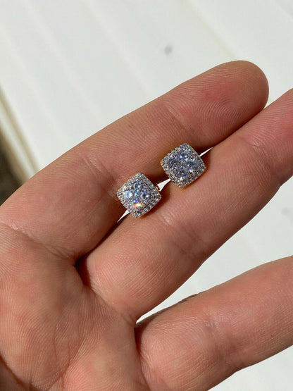 HarlemBling Real Solid 925 Silver Iced CZ Hip Hop Earrings Studs 14k Gold Finish Square ICY