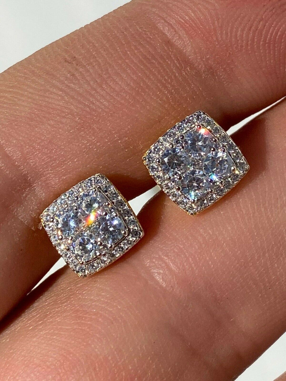 HarlemBling Real Solid 925 Silver Iced CZ Hip Hop Earrings Studs 14k Gold Finish Square ICY