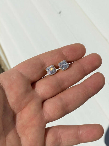 HarlemBling Real Solid 925 Silver Iced CZ Hip Hop Earrings Studs 14k Gold Finish Square ICY
