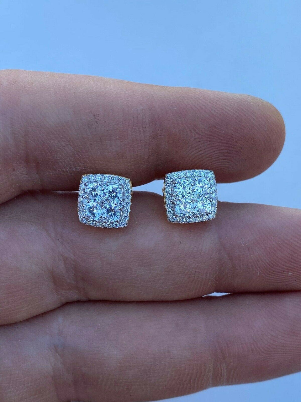 HarlemBling Real Solid 925 Silver Iced CZ Hip Hop Earrings Studs 14k Gold Finish Square ICY