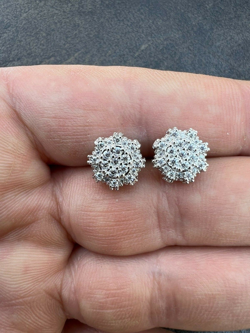 HarlemBling Real Solid 925 Silver Iced CZ Hip Hop Large Earrings Round 3D Bling Mens Studs