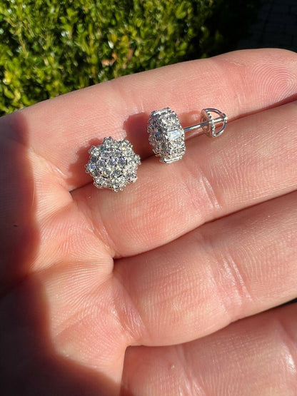 HarlemBling Real Solid 925 Silver Iced CZ Hip Hop Large Earrings Round 3D Bling Mens Studs