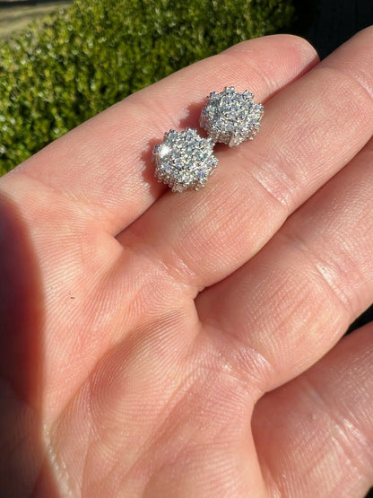 HarlemBling Real Solid 925 Silver Iced CZ Hip Hop Large Earrings Round 3D Bling Mens Studs